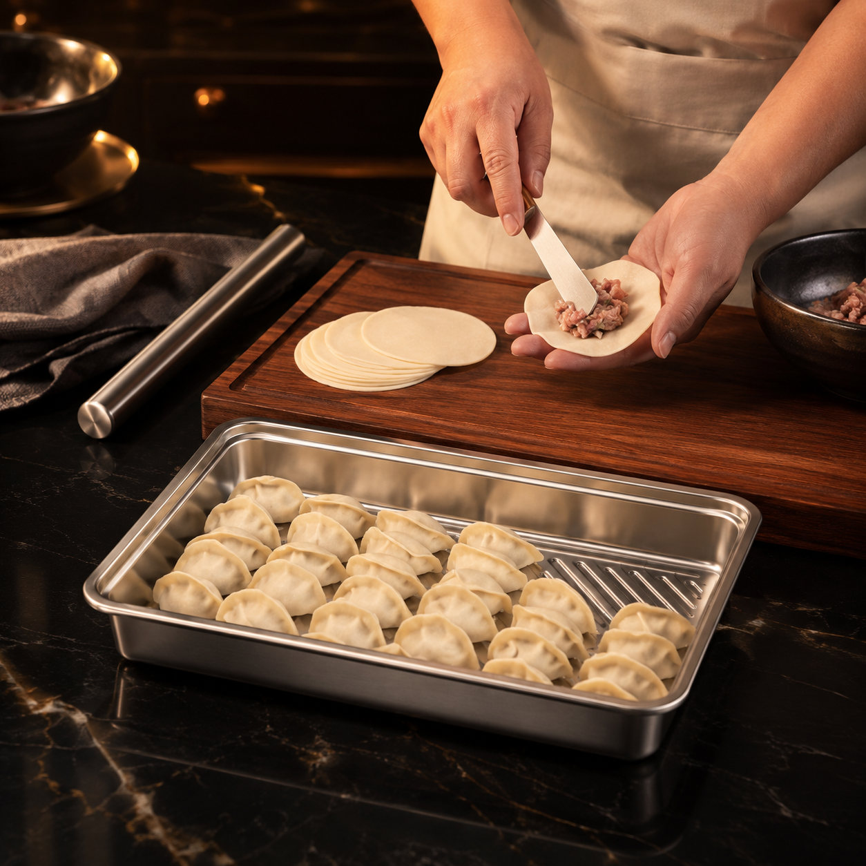 Luxe Stainless Steel Dumpling & Food Storage Tray