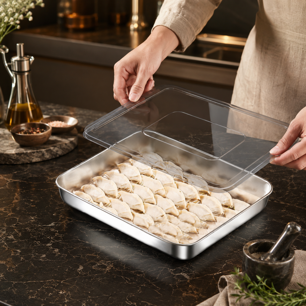 Luxe Stainless Steel Dumpling & Food Storage Tray
